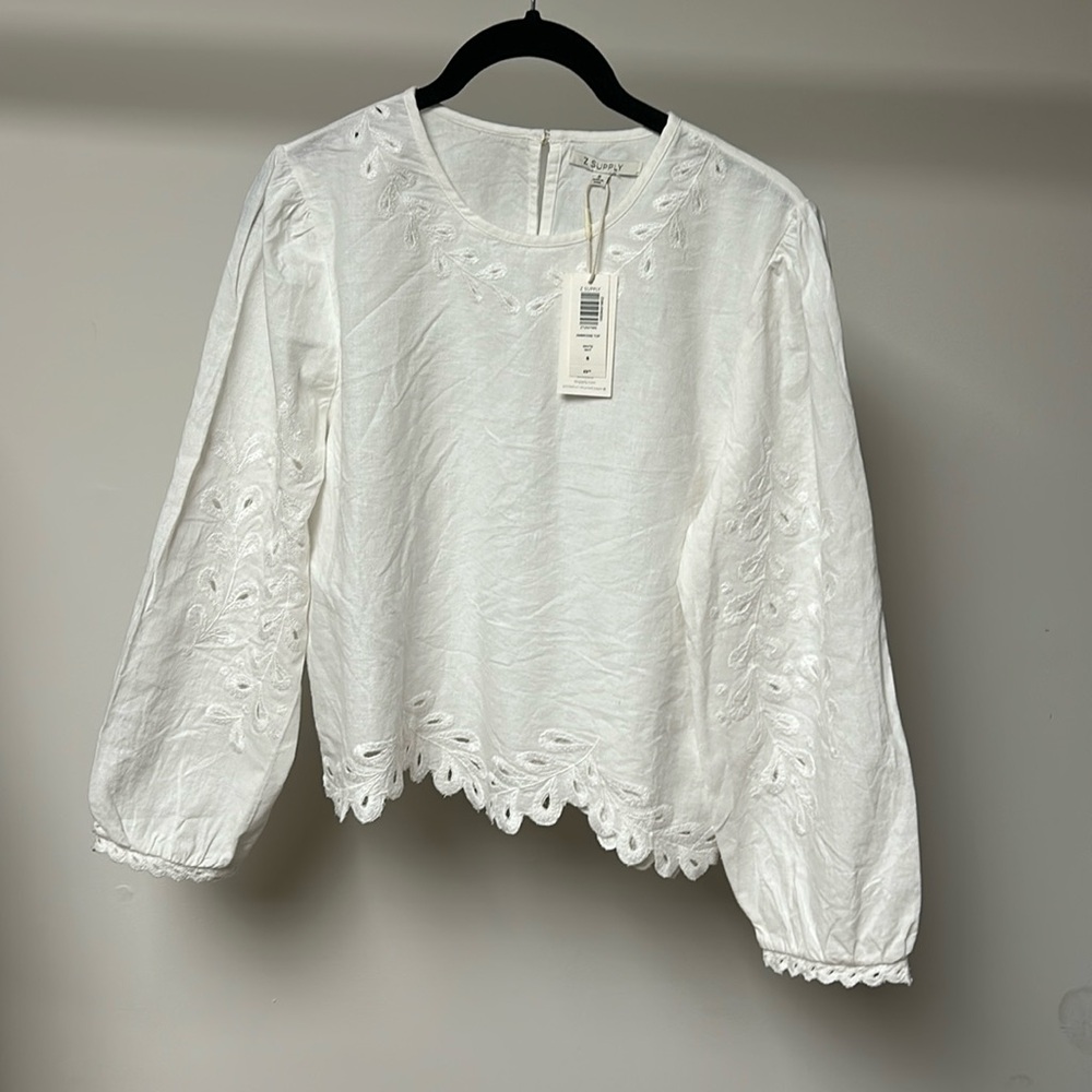 Z Supply White Eyelet Linen Blend Long Sleeve Blouse